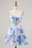 Vestido sin tirantes corsé de flores blancas y azules