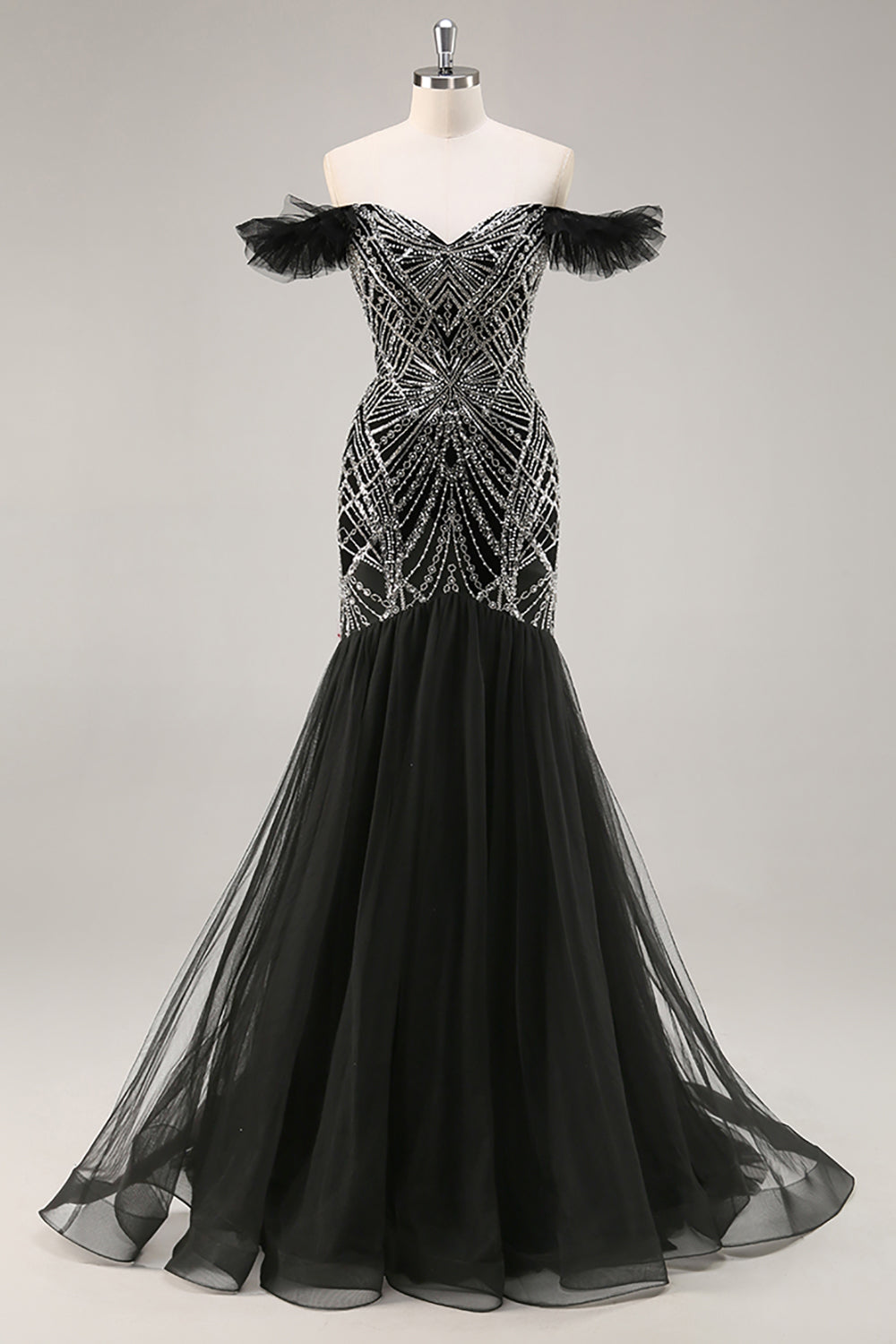 Vestido de fiesta negro de sirena con cuentas con hombros descubiertos