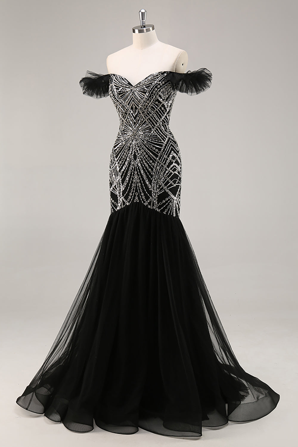 Vestido de fiesta negro de sirena con cuentas con hombros descubiertos