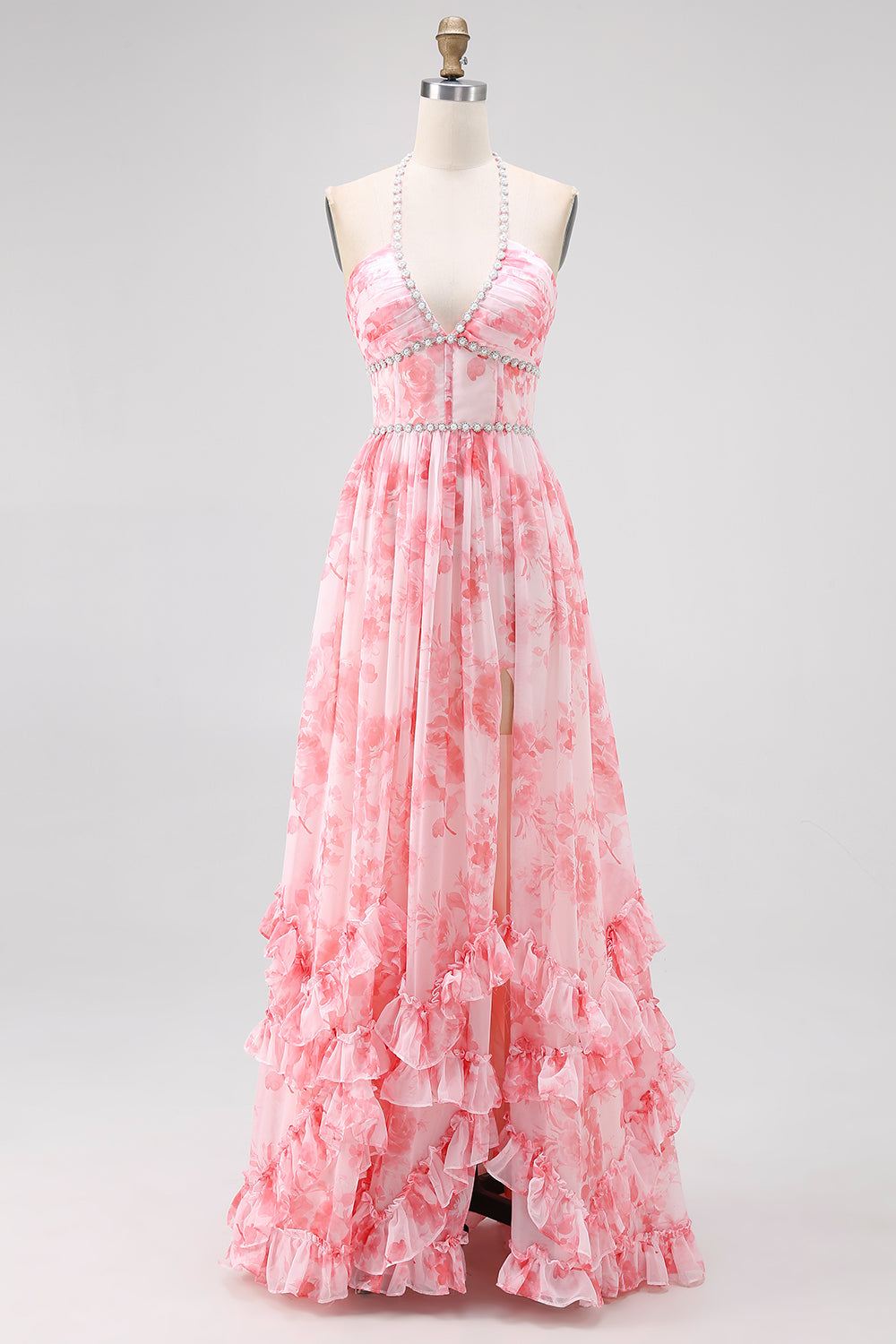 Vestido de invitada a boda con estampado floral halter con cuentas de rubor y abertura