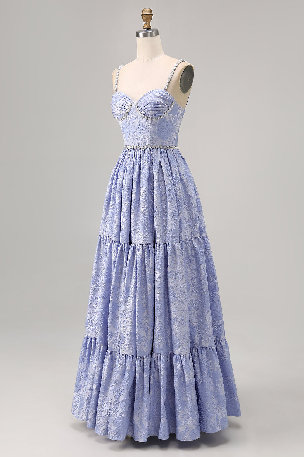 Vestido de invitada de boda con cuentas de una línea de flores azules con abertura