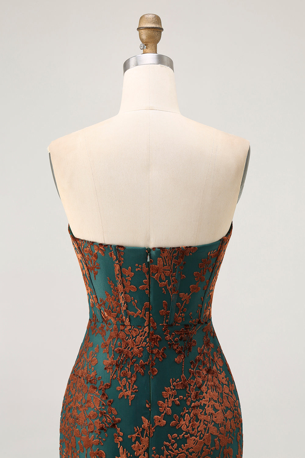 Vestido de dama de honor de terciopelo quemado con corsé verde pavo real sin tirantes con abertura