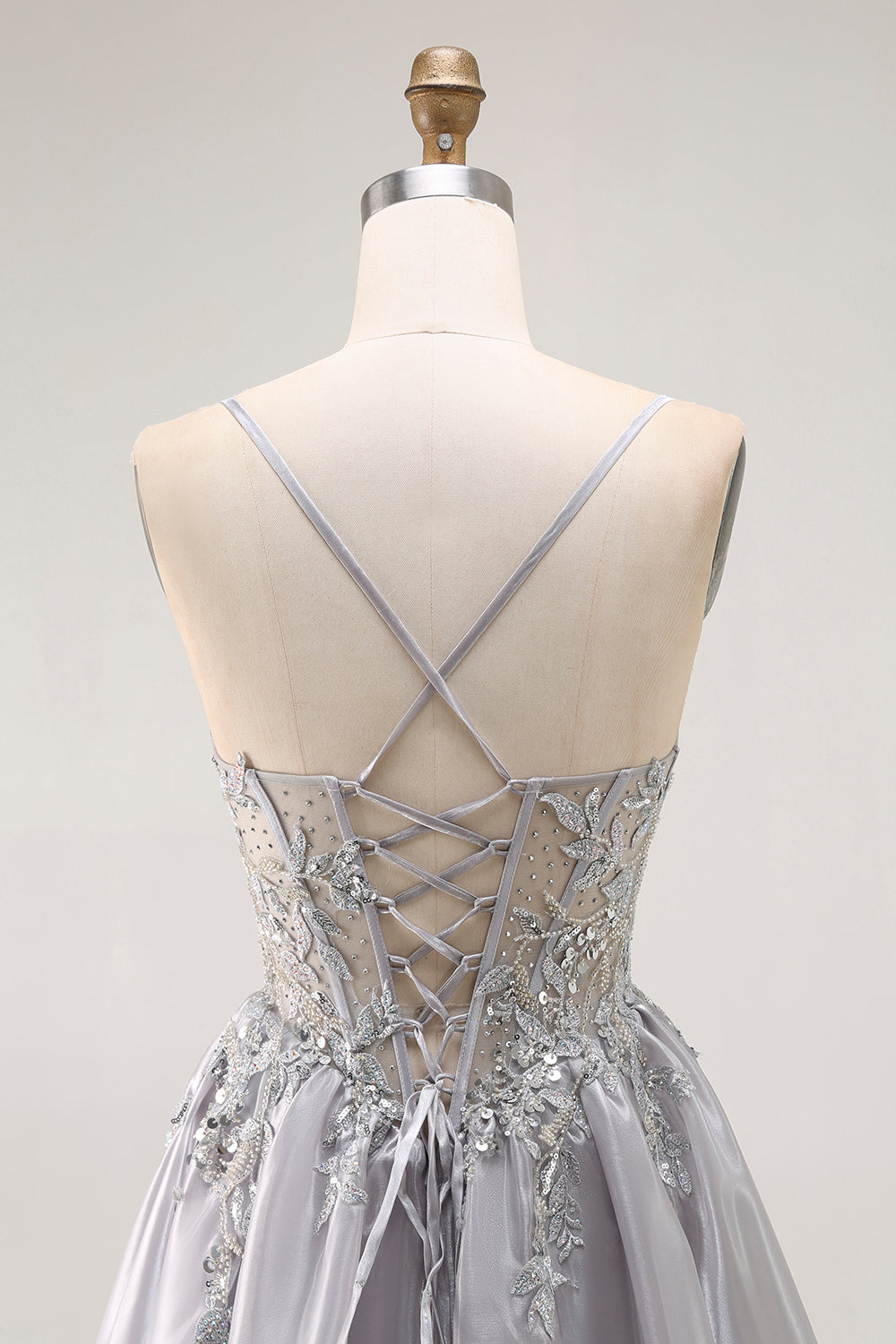 Vestido de baile largo con volantes y corsé transparente con cuentas A Line Gris con abertura