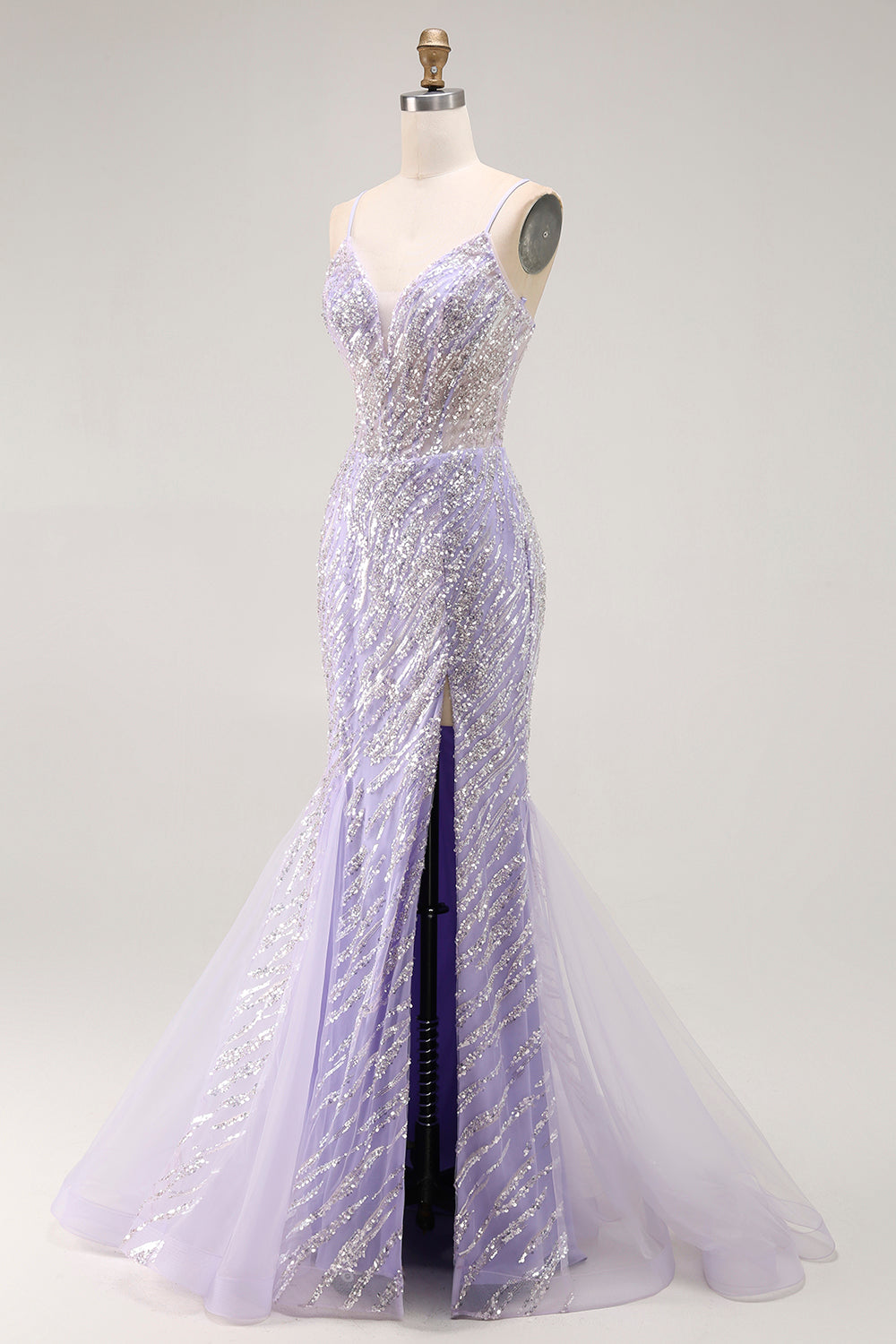 Vestido largo de fiesta de sirena con lentejuelas moradas y abertura