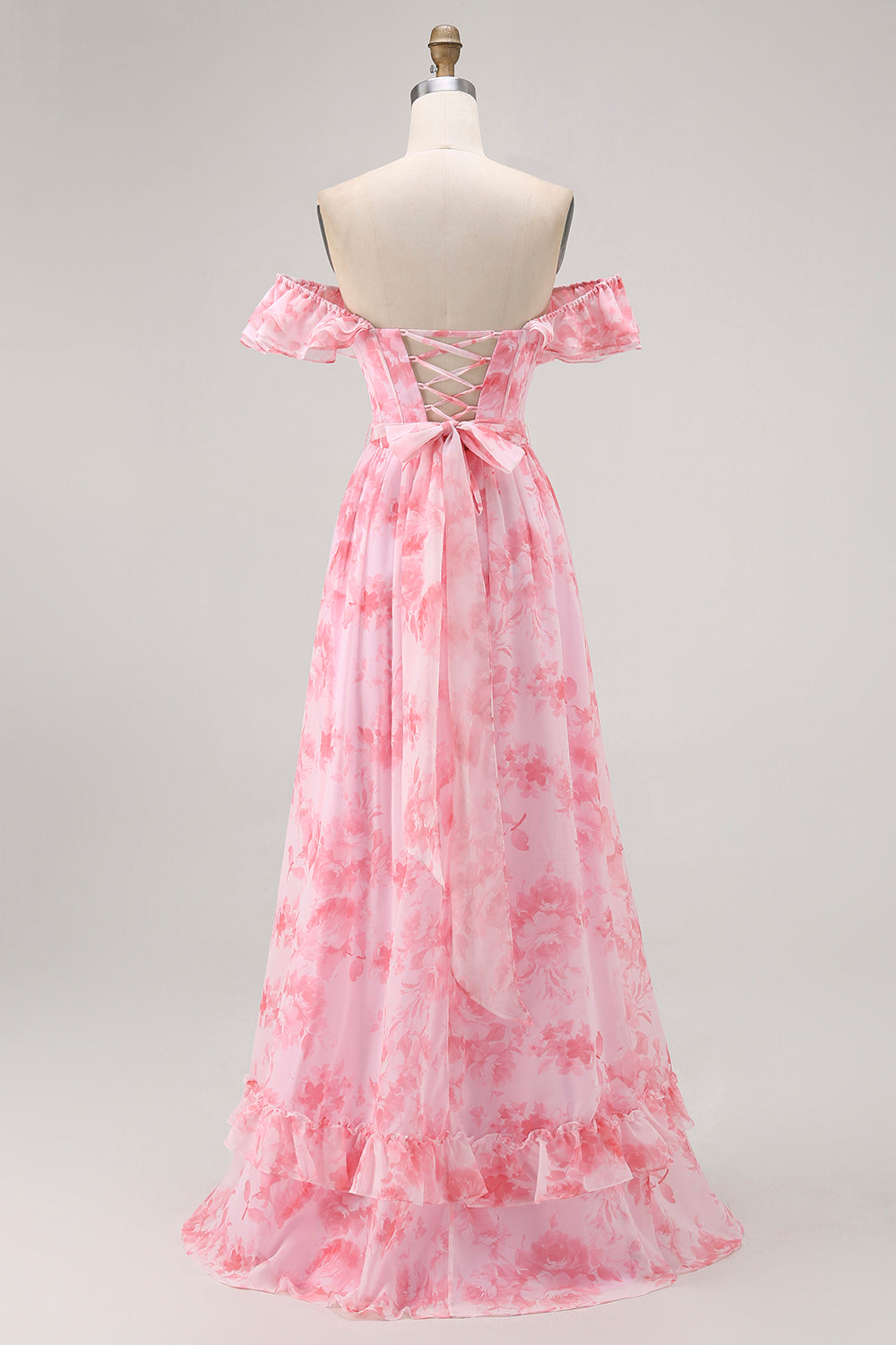 Vestido de dama de honor con corsé de hombros descubiertos de flores de champán con abertura