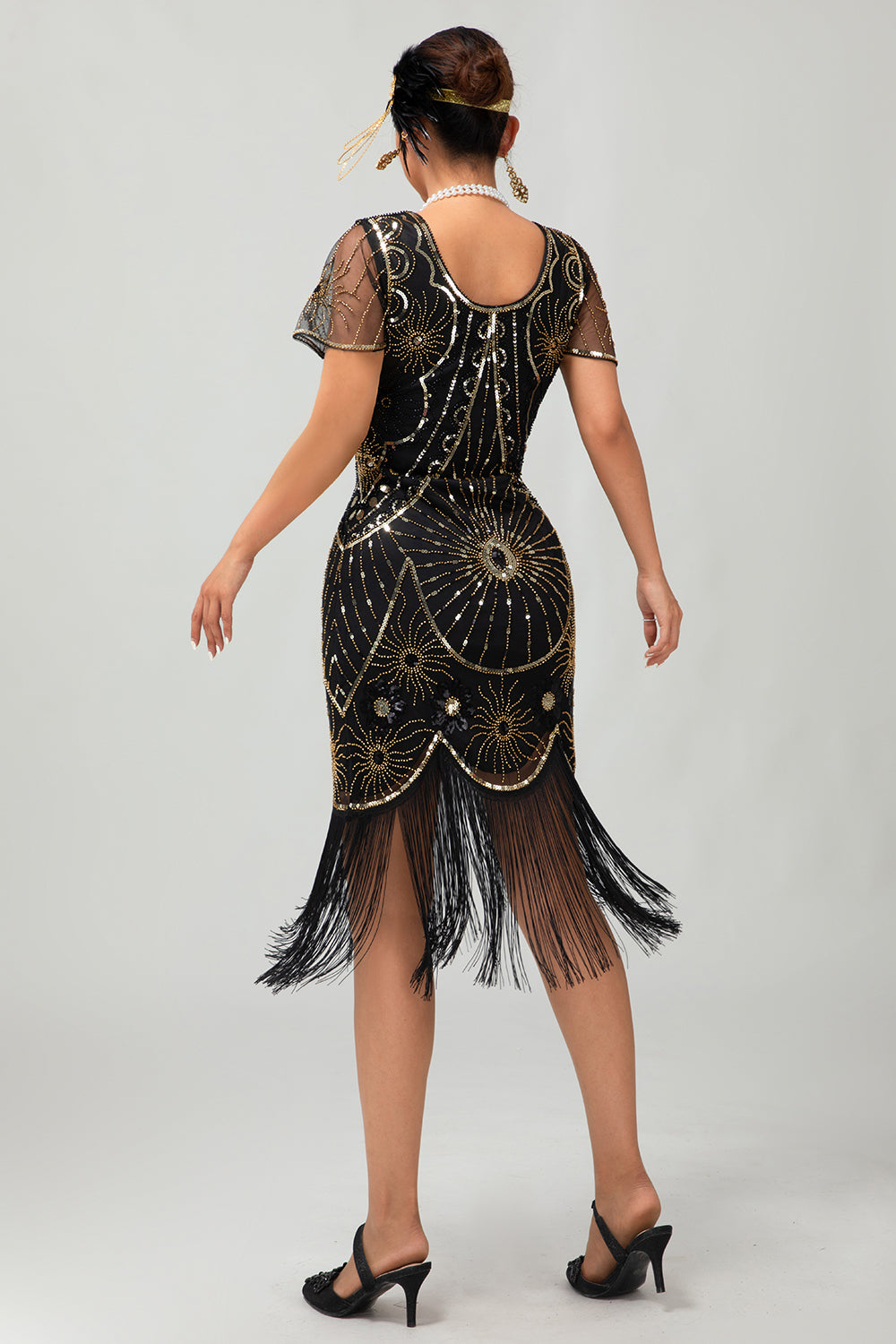 Vestido ajustado con flecos negro y rojo Gatsby de los años 20 con lentejuelas