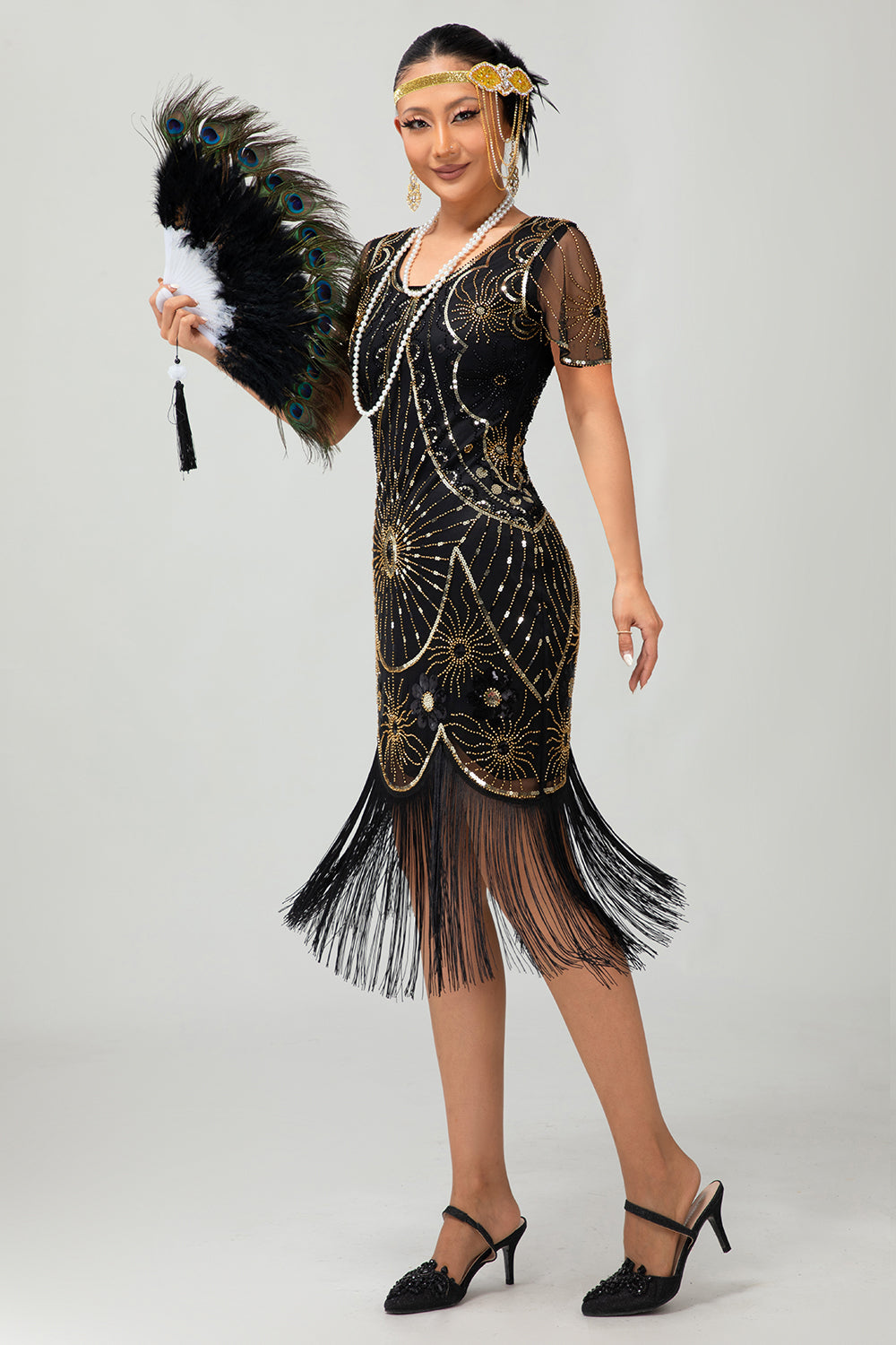 Vestido ajustado con flecos negro y rojo Gatsby de los años 20 con lentejuelas