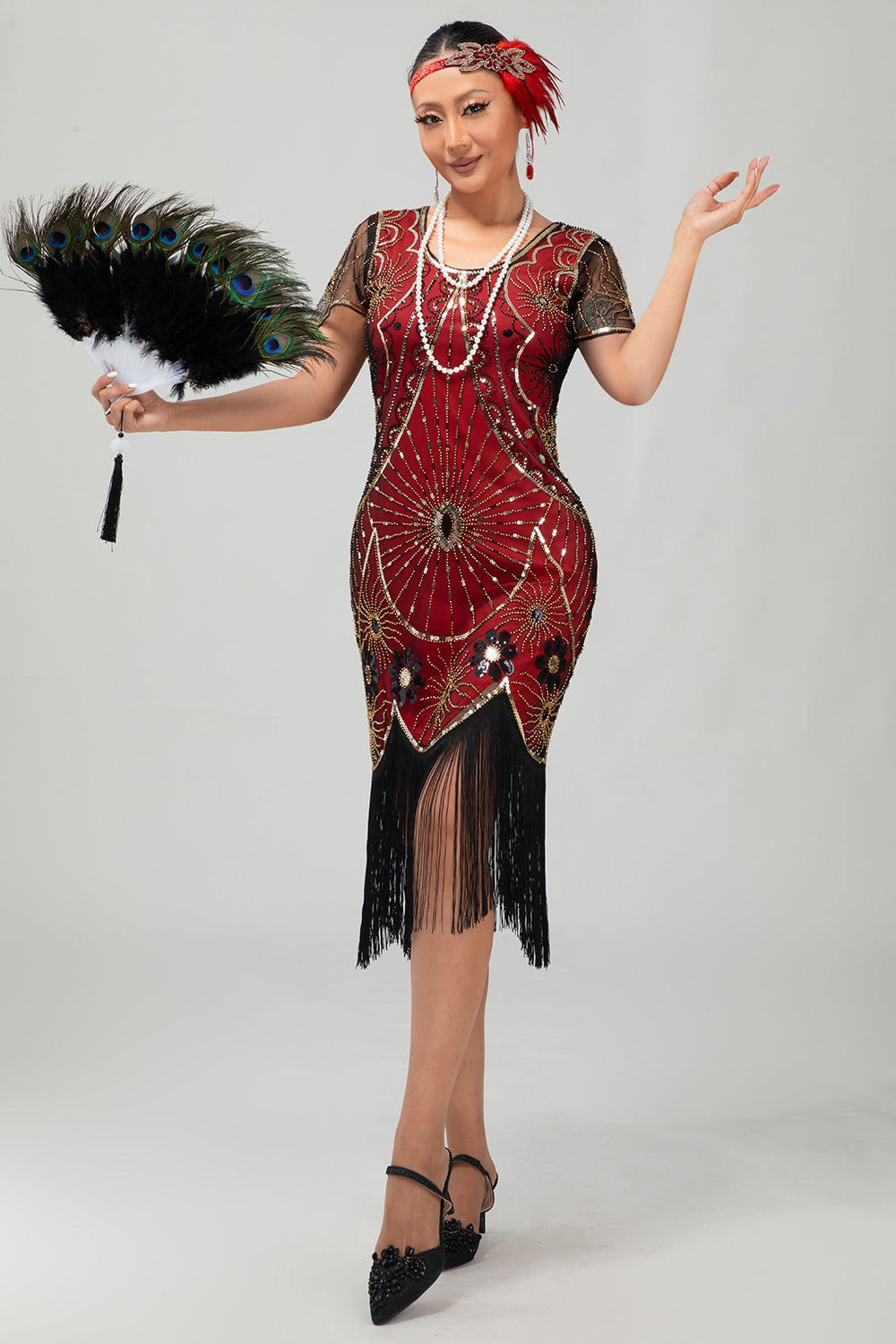Vestido ajustado con flecos negro y rojo Gatsby de los años 20 con lentejuelas