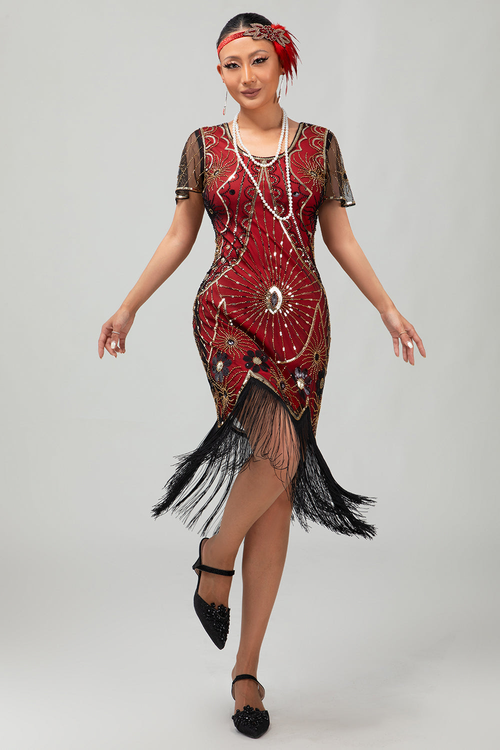Vestido ajustado con flecos negro y rojo Gatsby de los años 20 con lentejuelas