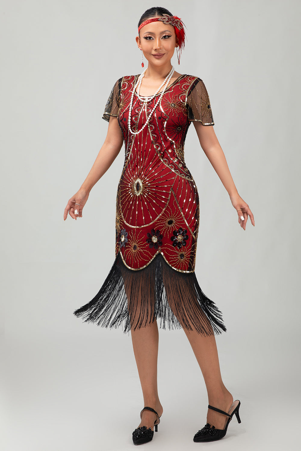 Vestido ajustado con flecos negro y rojo Gatsby de los años 20 con lentejuelas