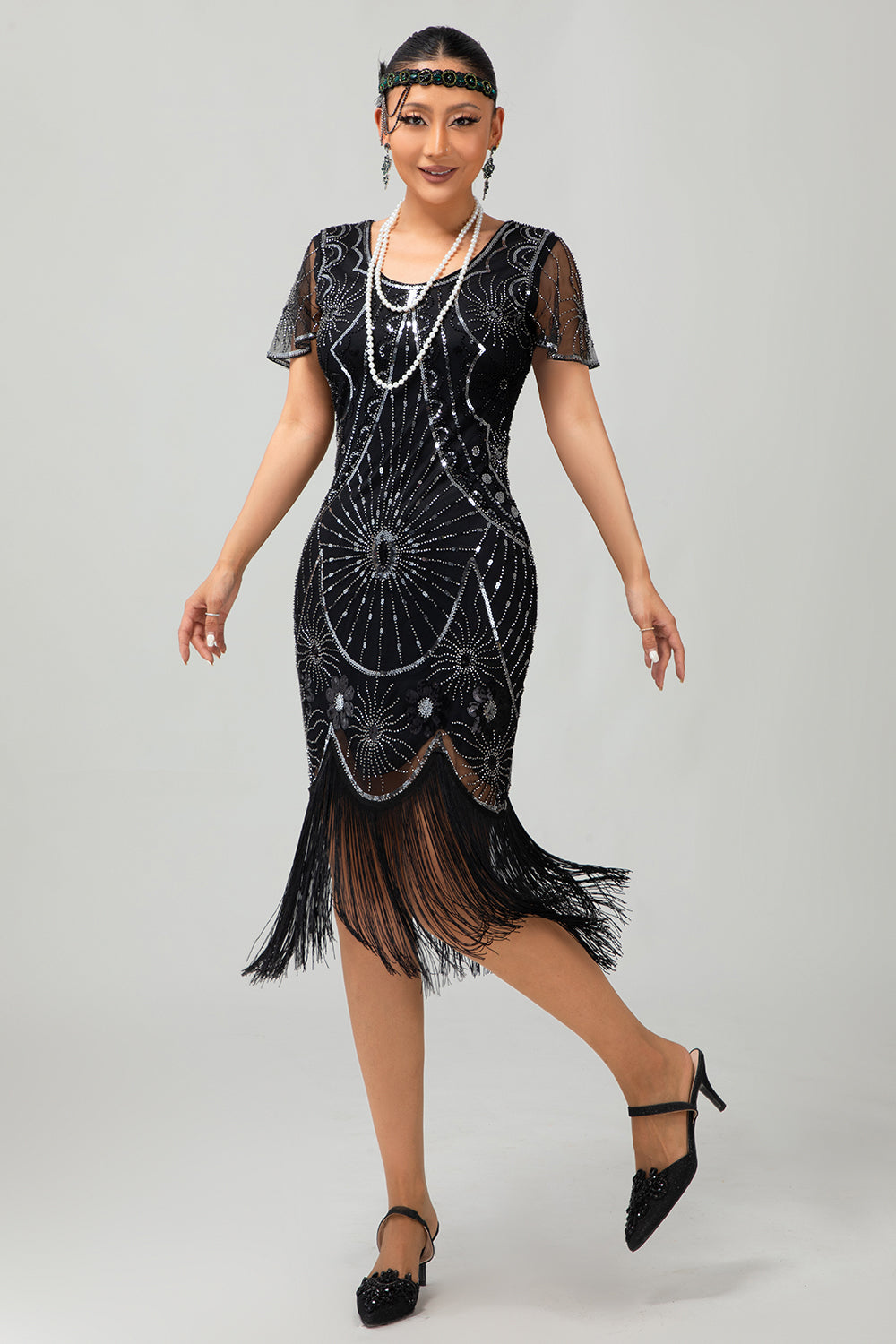Vestido ajustado con flecos negro y rojo Gatsby de los años 20 con lentejuelas