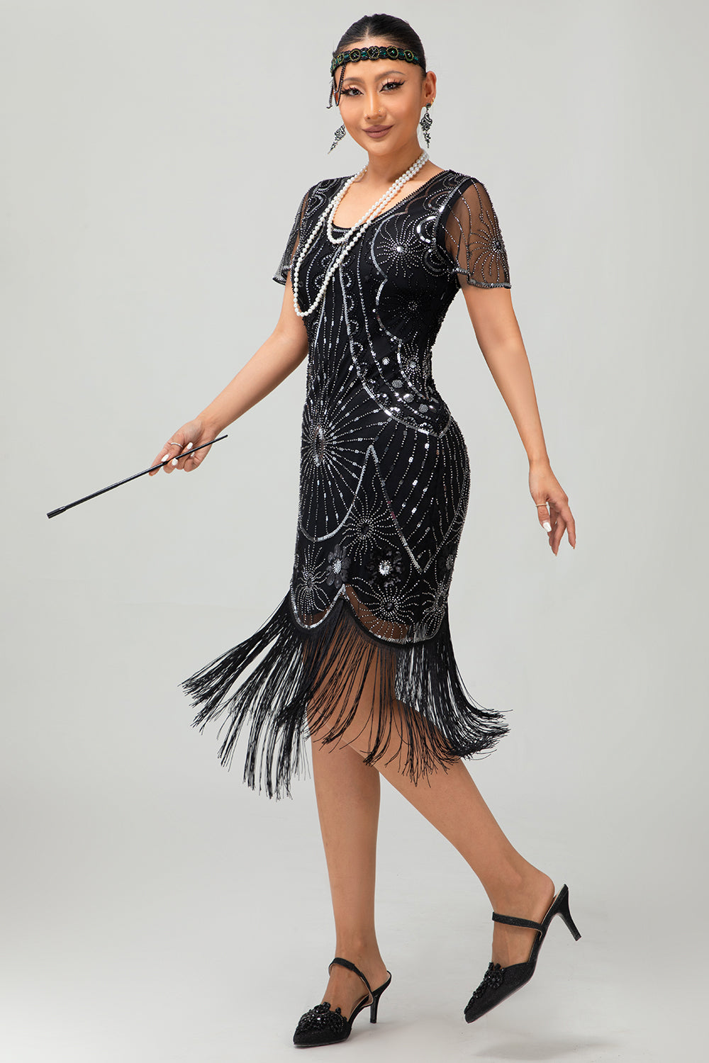 Vestido ajustado con flecos negro y rojo Gatsby de los años 20 con lentejuelas