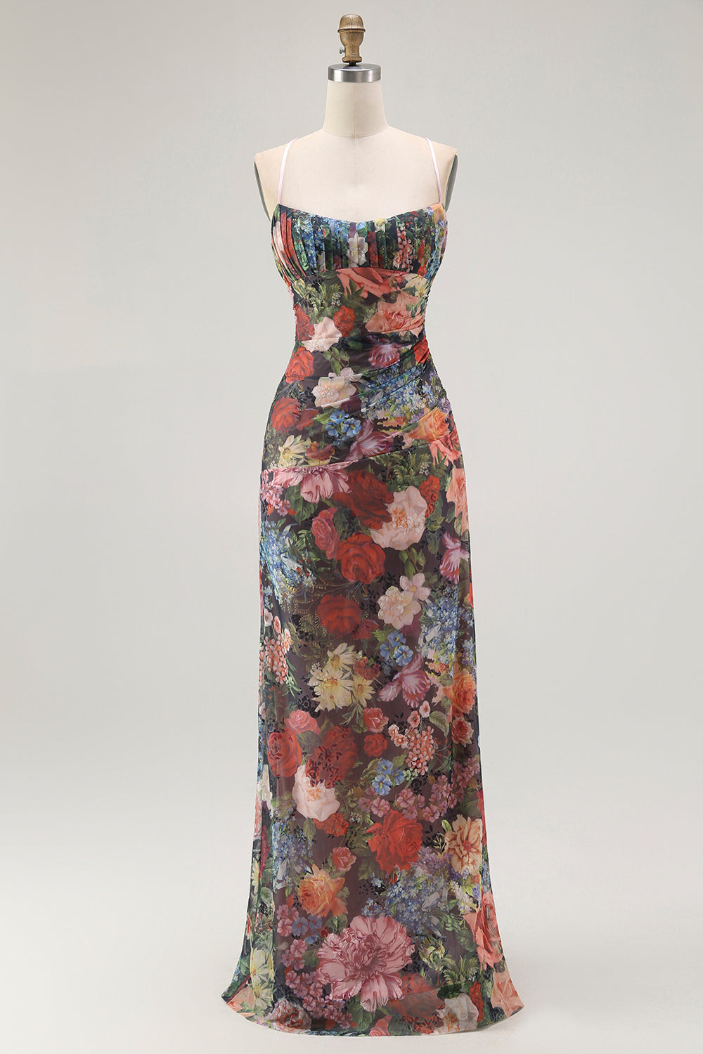 Vestido de invitada de boda fruncido floral con tirantes finos de vaina con encaje en la espalda