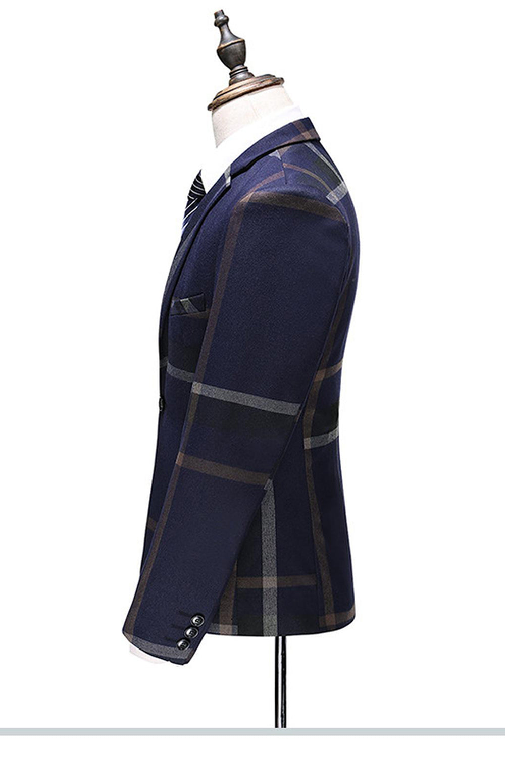 Trajes de 3 piezas a cuadros con solapa con muescas azul oscuro para hombre