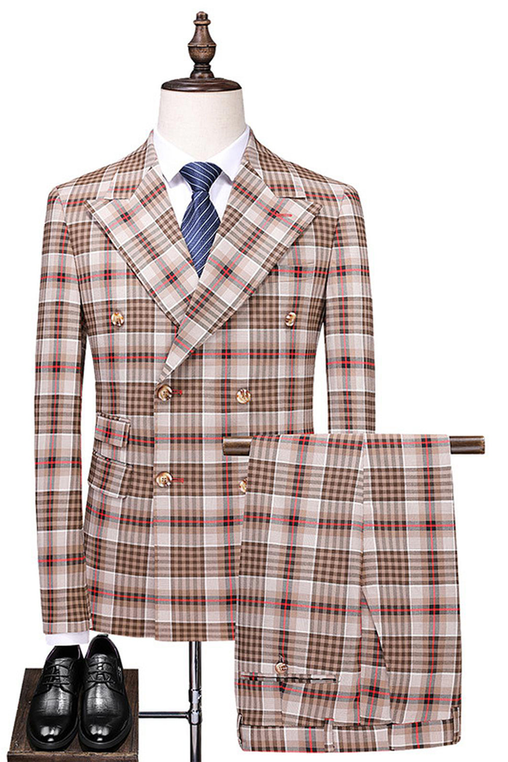 Trajes de hombre de rejilla azul negro de 2 piezas con solapa de pico vintage