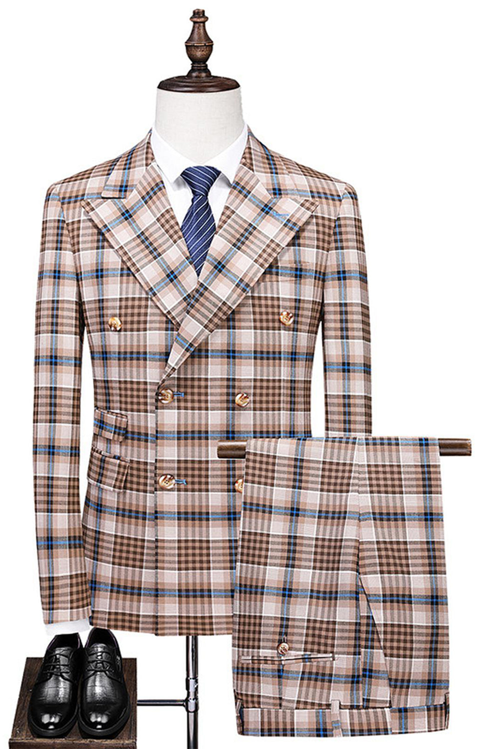 Trajes de hombre de rejilla azul negro de 2 piezas con solapa de pico vintage