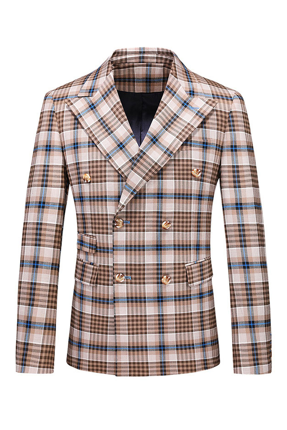 Trajes de hombre de rejilla azul negro de 2 piezas con solapa de pico vintage