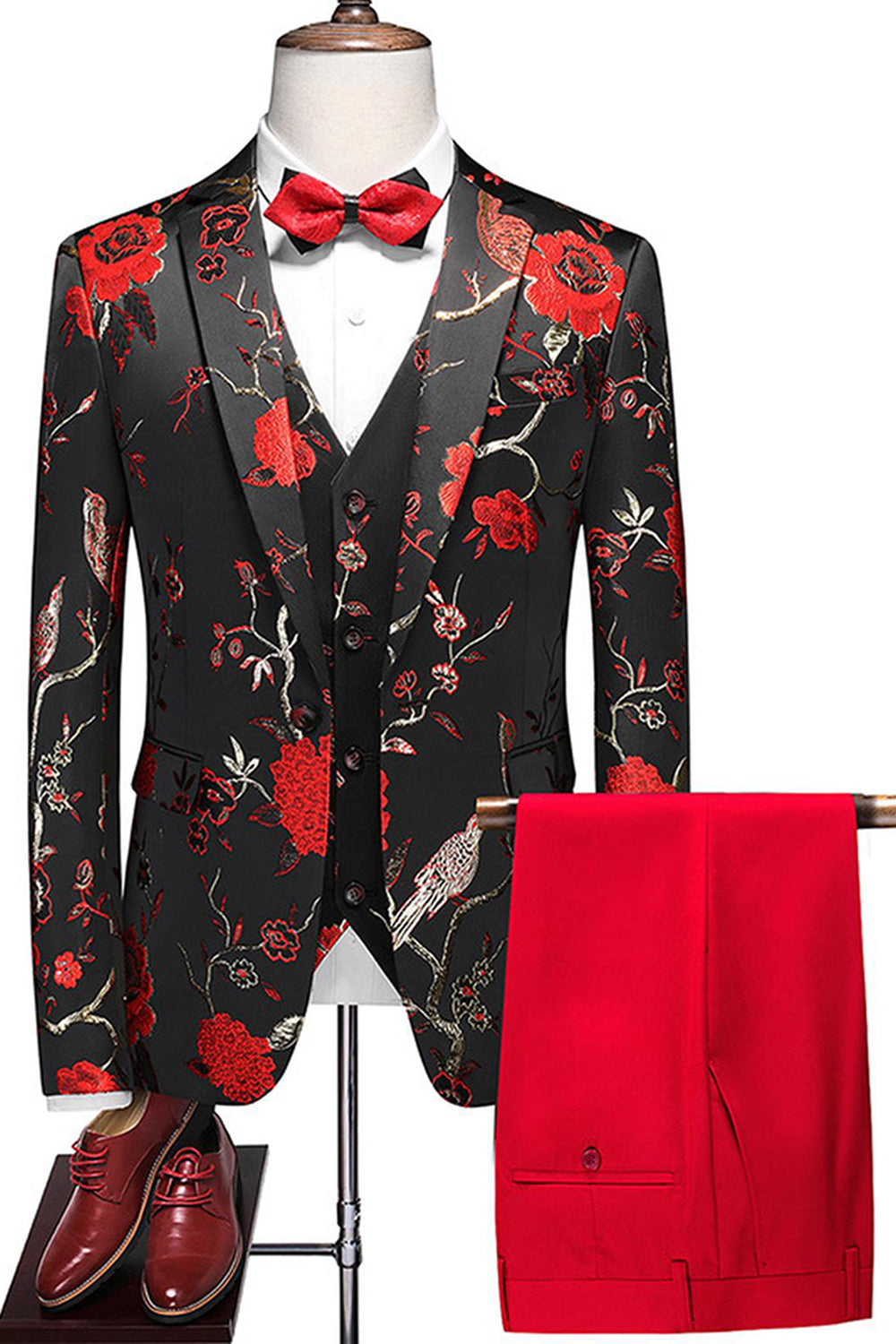 Solapa de muesca azul Trajes de fiesta de jacquard de 3 piezas para hombre