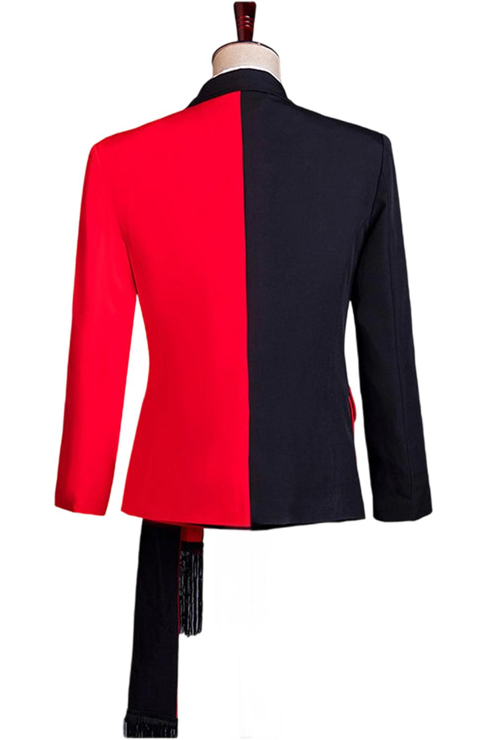 Traje de hombre negro y rojo de 2 piezas con solapa de pico con faja