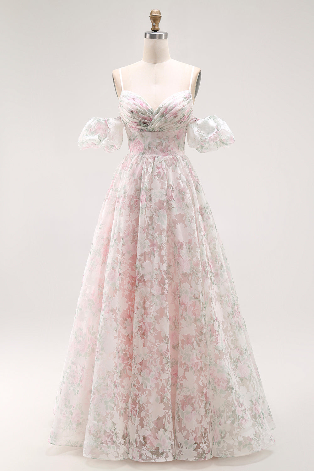 Vestido largo de fiesta con estampado de flores de hombros descubiertos y rubor