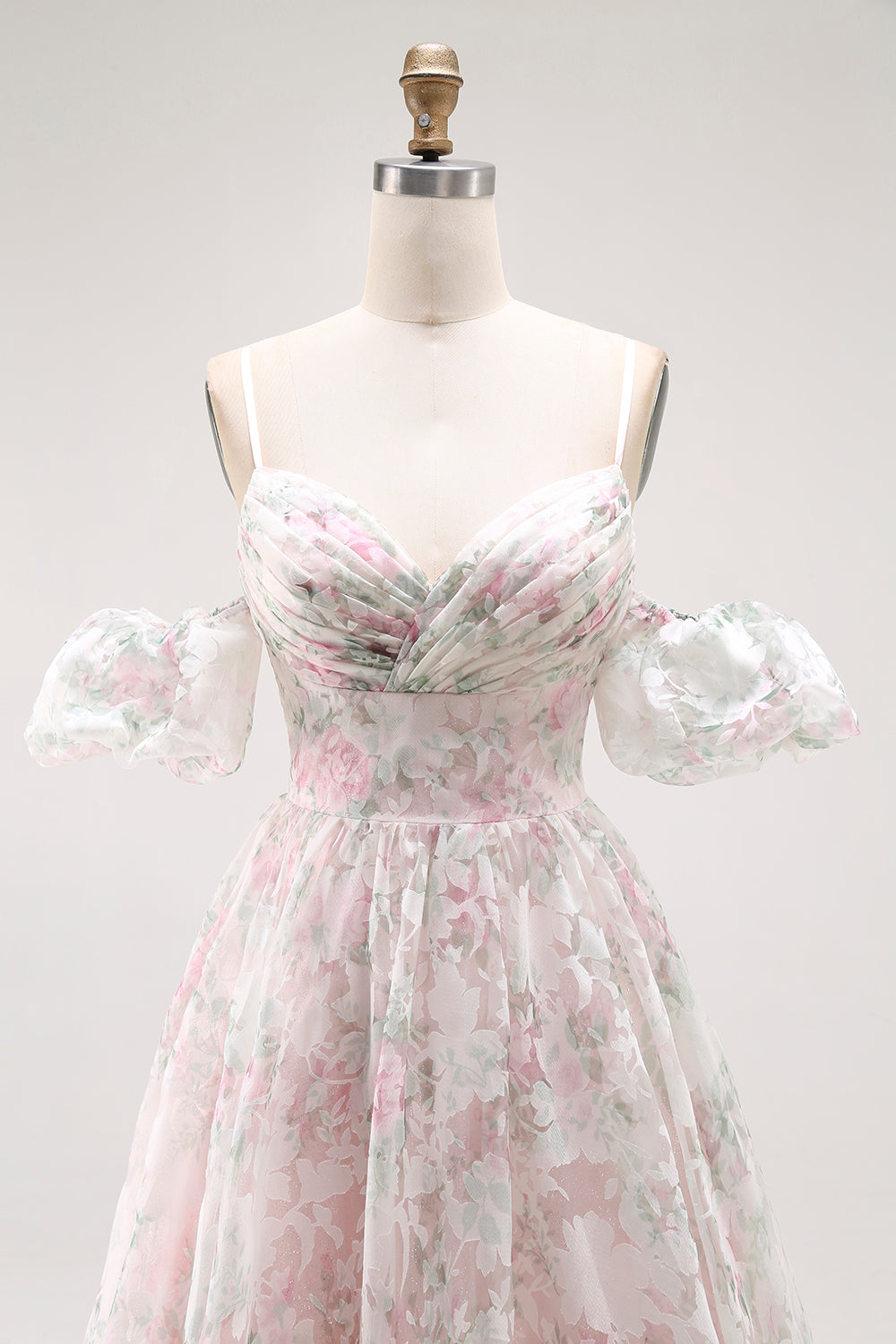 Vestido largo de fiesta con estampado de flores de hombros descubiertos y rubor