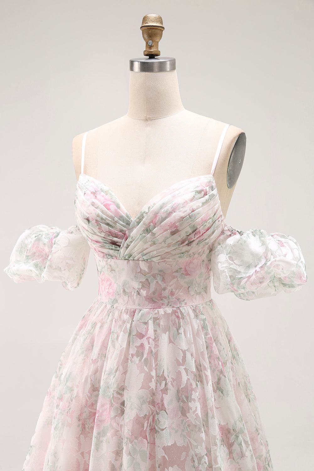 Vestido largo de fiesta con estampado de flores de hombros descubiertos y rubor