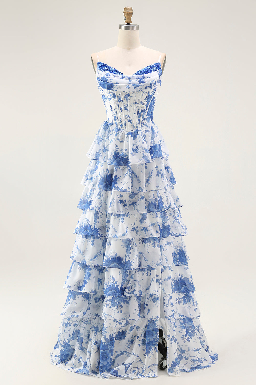 Vestido largo de baile con corsé en capas de flores blancas y azules con abertura