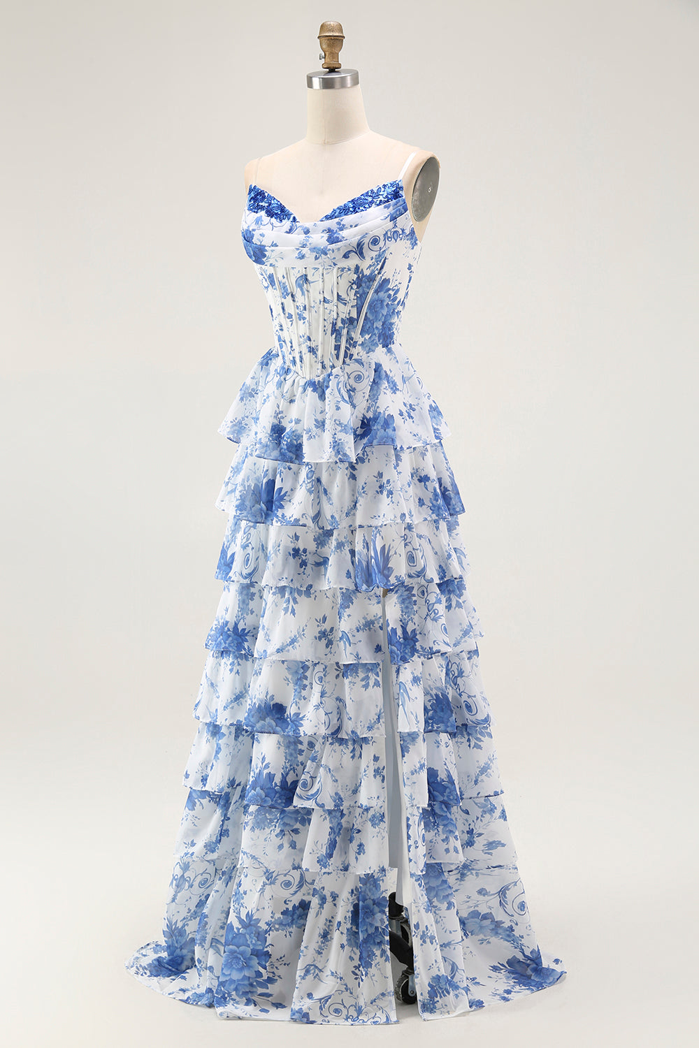 Vestido largo de baile con corsé en capas de flores blancas y azules con abertura