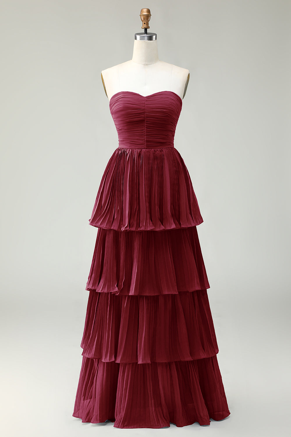 Vestido de dama de honor largo plisado en capas azul polvoriento sin tirantes