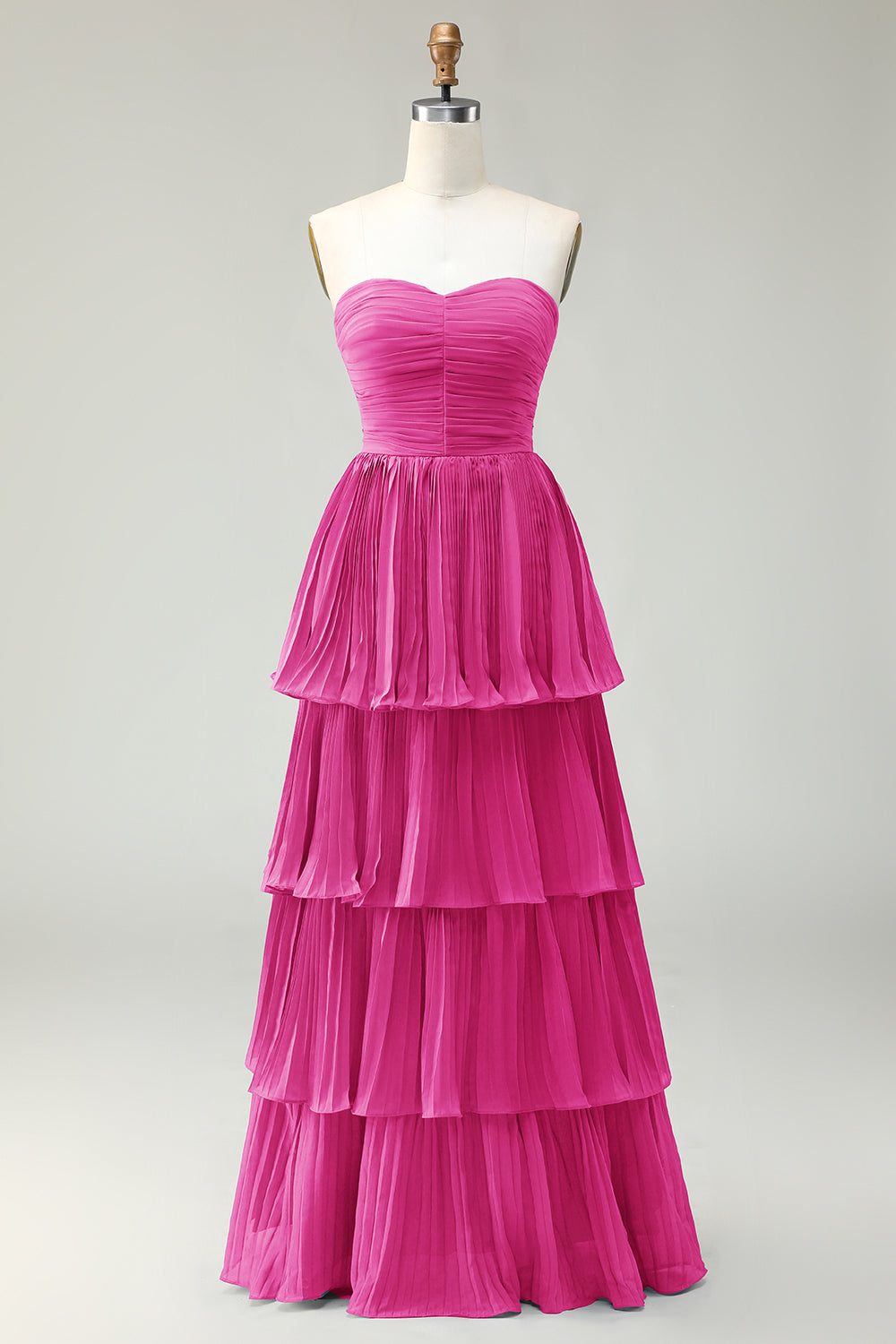 Vestido de dama de honor largo plisado en capas azul polvoriento sin tirantes