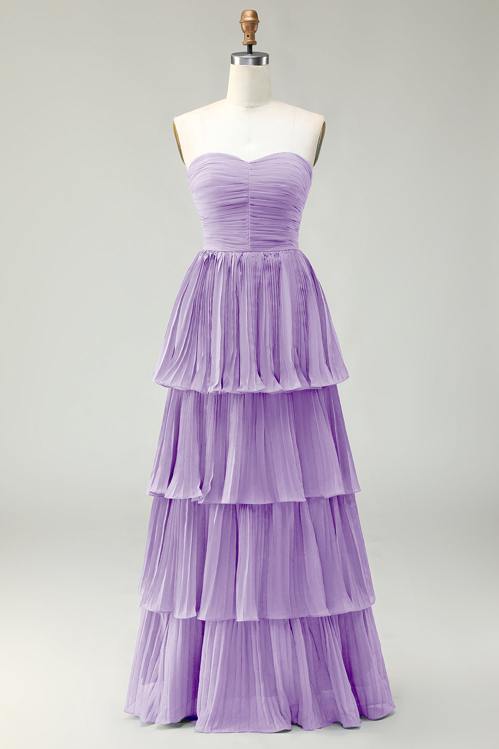 Vestido de dama de honor largo plisado en capas azul polvoriento sin tirantes