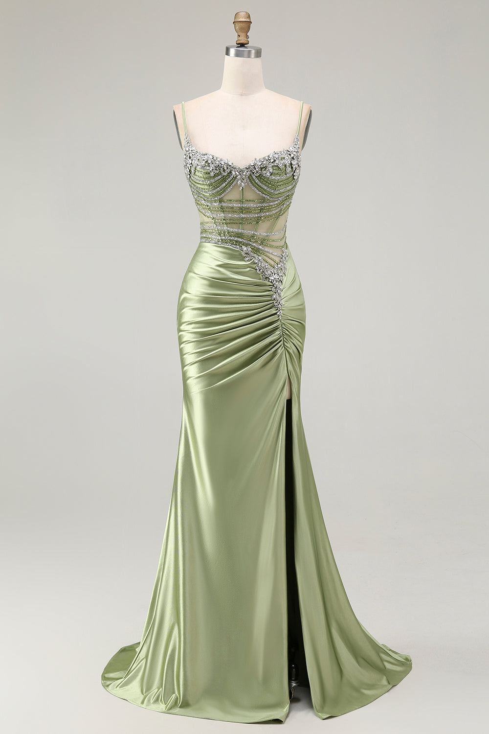 Vestido de fiesta de satén fruncido con corsé de sirena verde con abertura