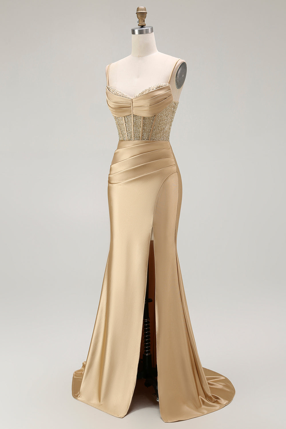 Vestido largo de fiesta plisado con tirantes finos de sirena dorada con abertura