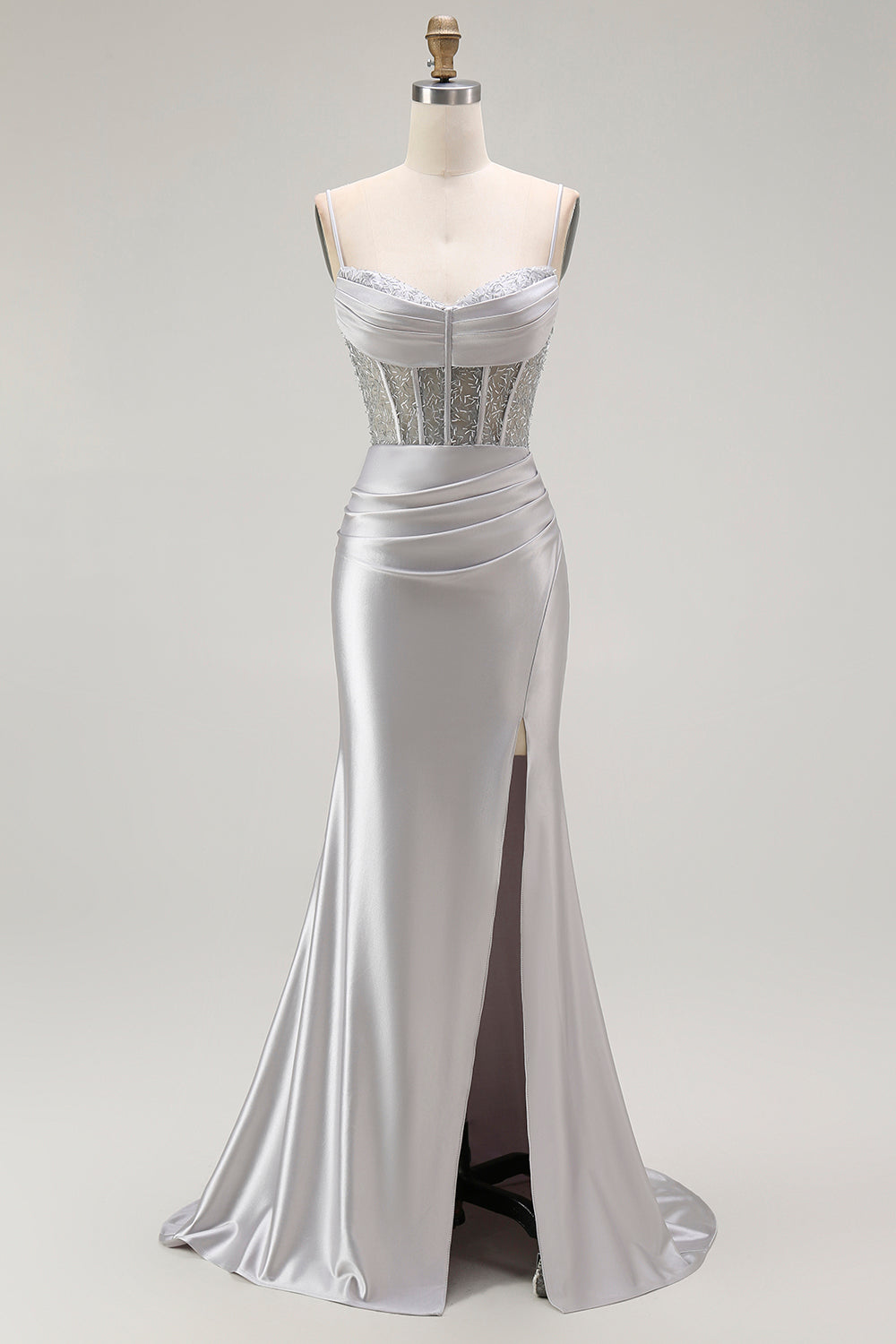 Vestido largo de fiesta plisado con tirantes finos de sirena dorada con abertura