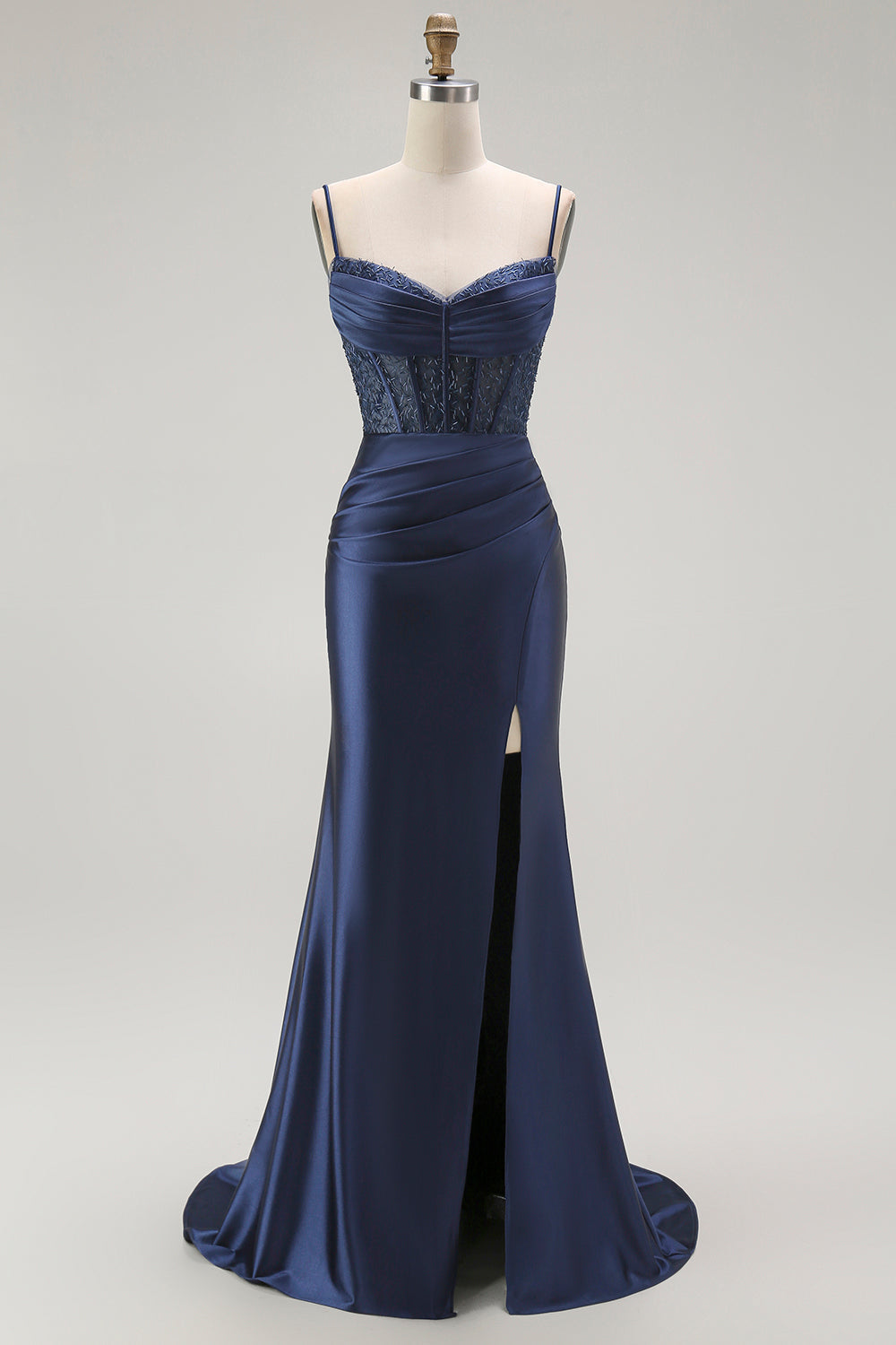 Vestido largo de fiesta plisado con tirantes finos de sirena dorada con abertura