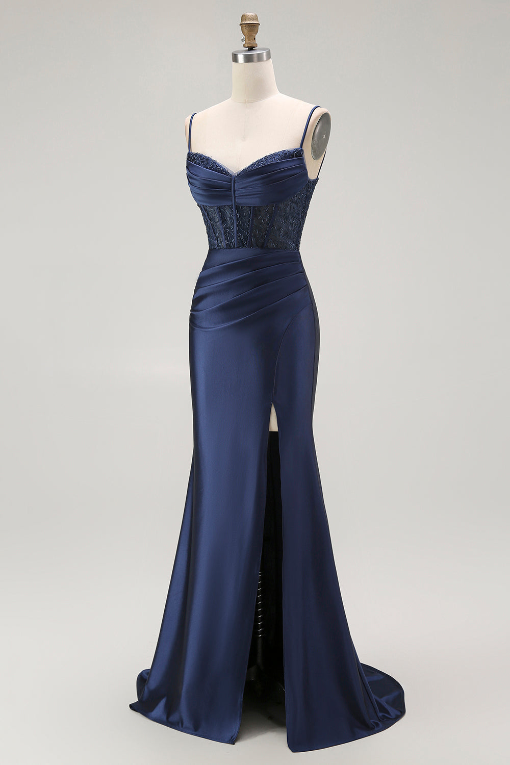 Vestido largo de fiesta plisado con tirantes finos de sirena dorada con abertura