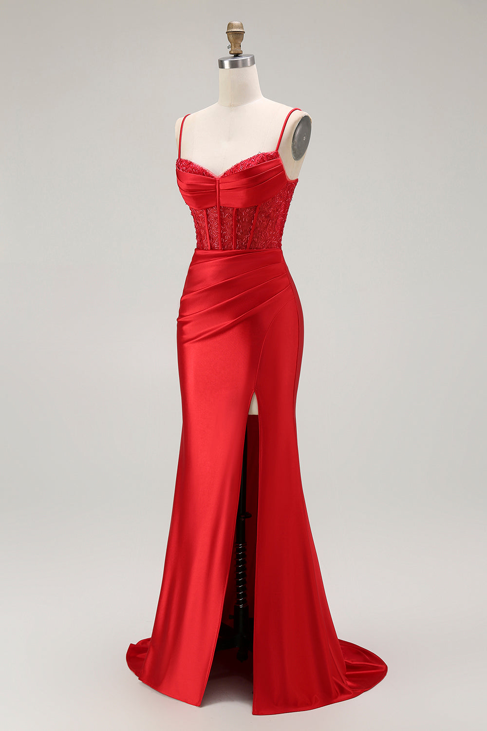 Vestido largo de fiesta plisado con tirantes finos de sirena dorada con abertura
