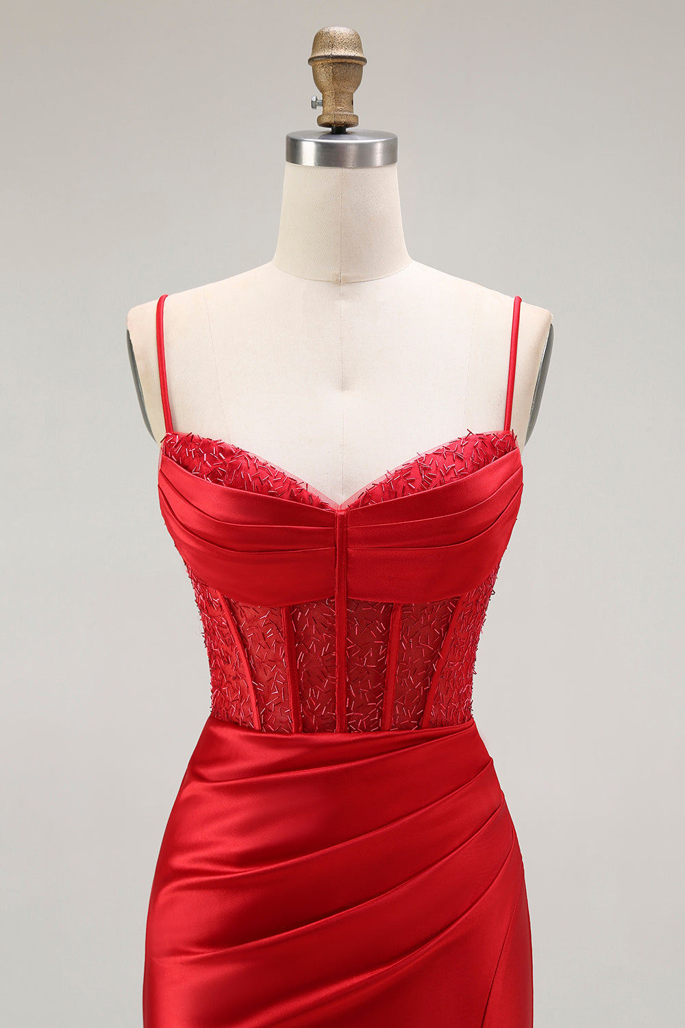 Vestido largo de fiesta plisado con tirantes finos de sirena dorada con abertura