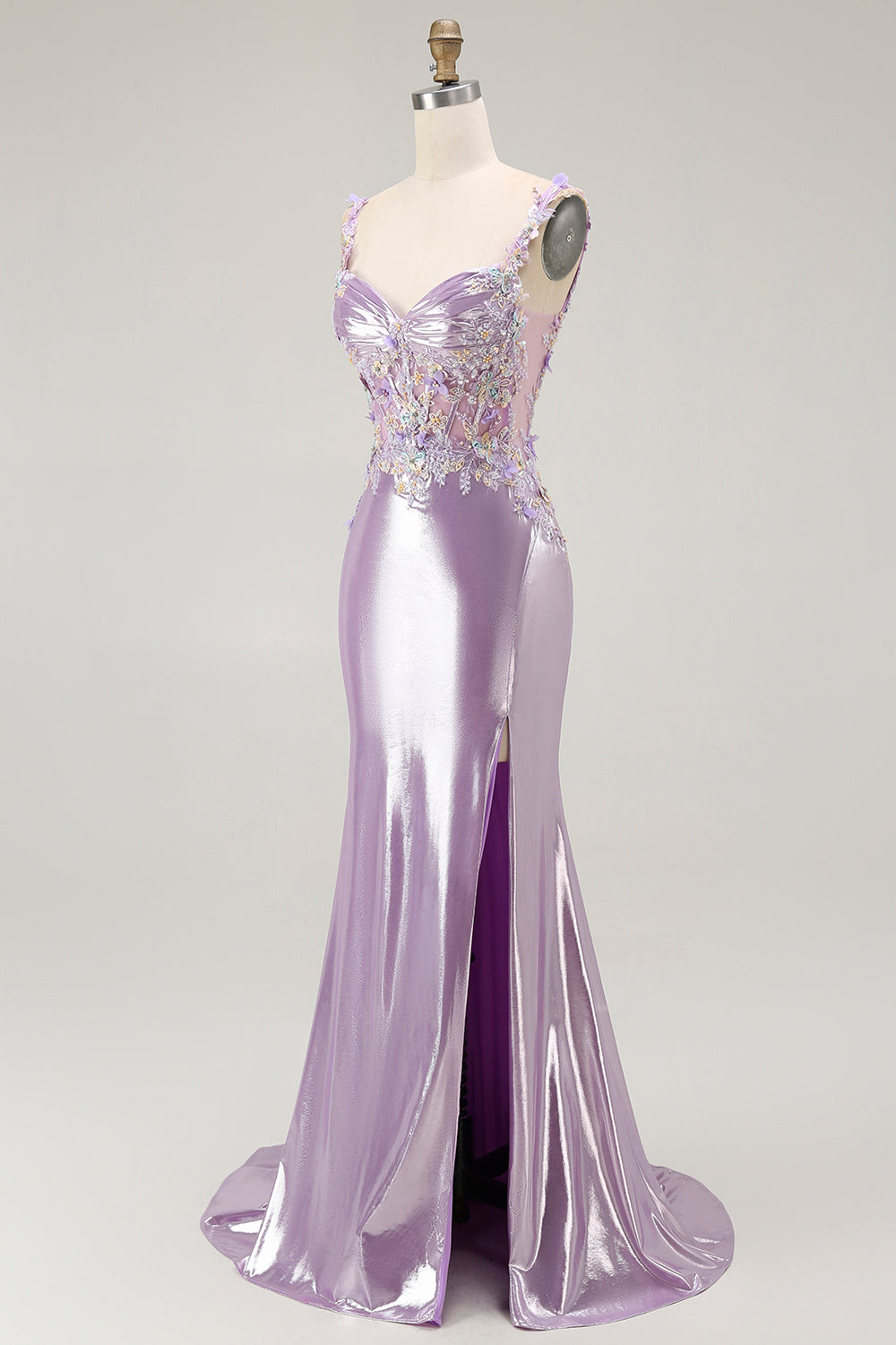 Vestido largo de fiesta con tirantes finos de sirena lila con cuentas y aberturas