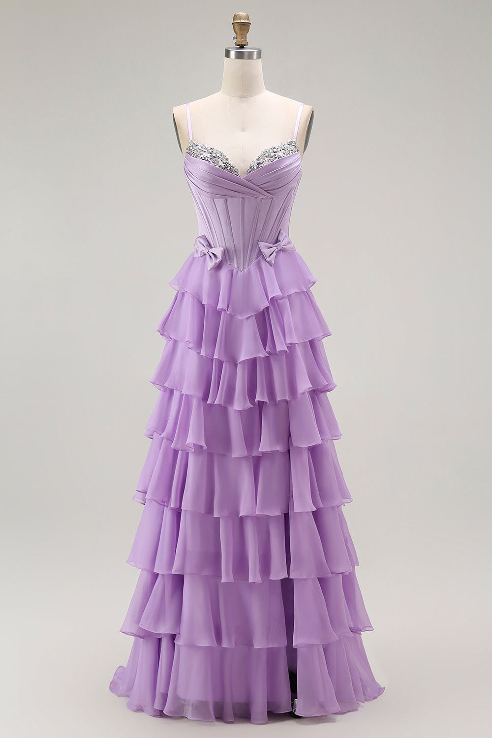 Vestido largo de fiesta con volantes y volantes en capas con corsé morado en forma de línea A con cordones en la espalda