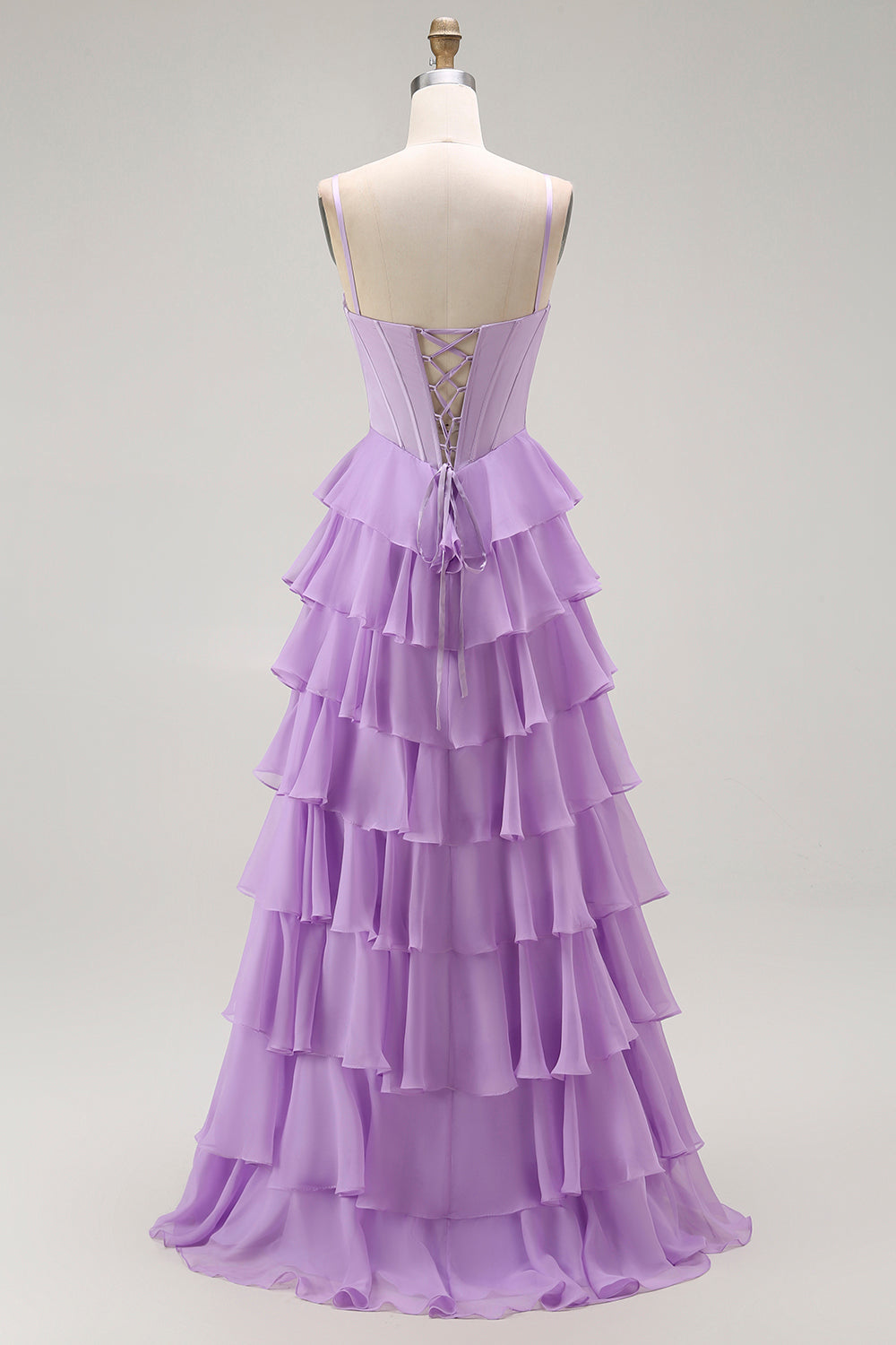 Vestido largo de fiesta con volantes y volantes en capas con corsé morado en forma de línea A con cordones en la espalda