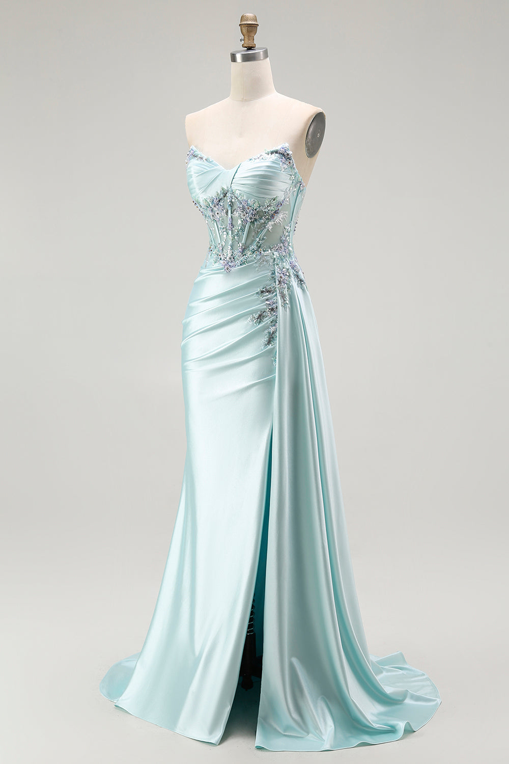 Vestido largo de fiesta con cuentas de corsé sin tirantes de sirena verde claro con serpentina