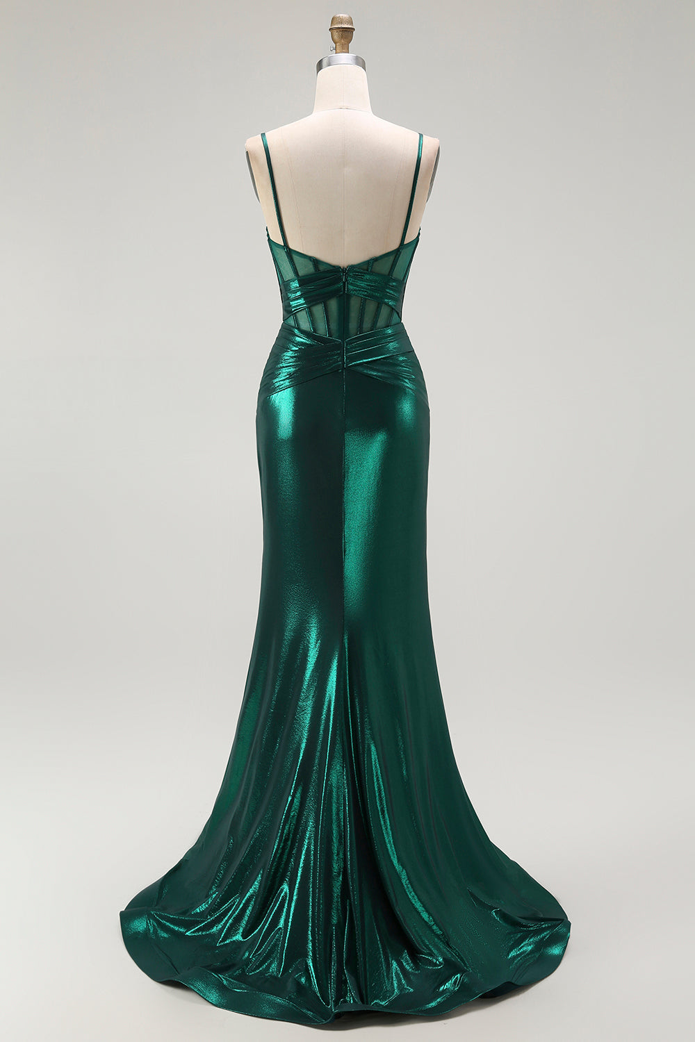 Vestido largo de fiesta con corsé plisado metálico de sirena verde oscuro con abertura