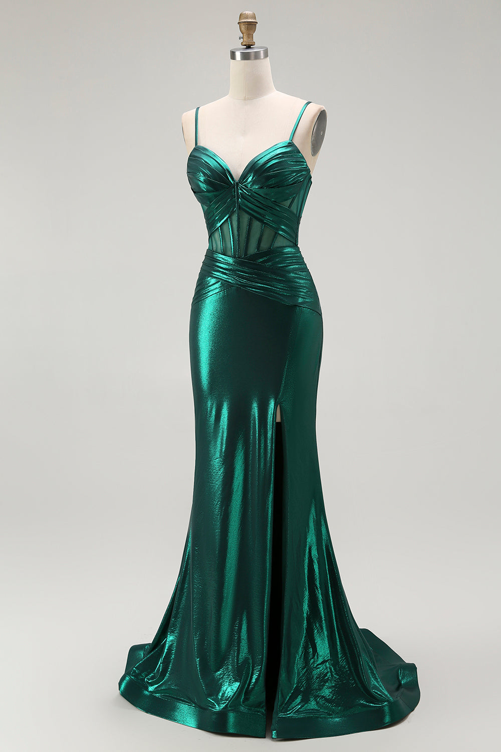 Vestido largo de fiesta con corsé plisado metálico de sirena verde oscuro con abertura