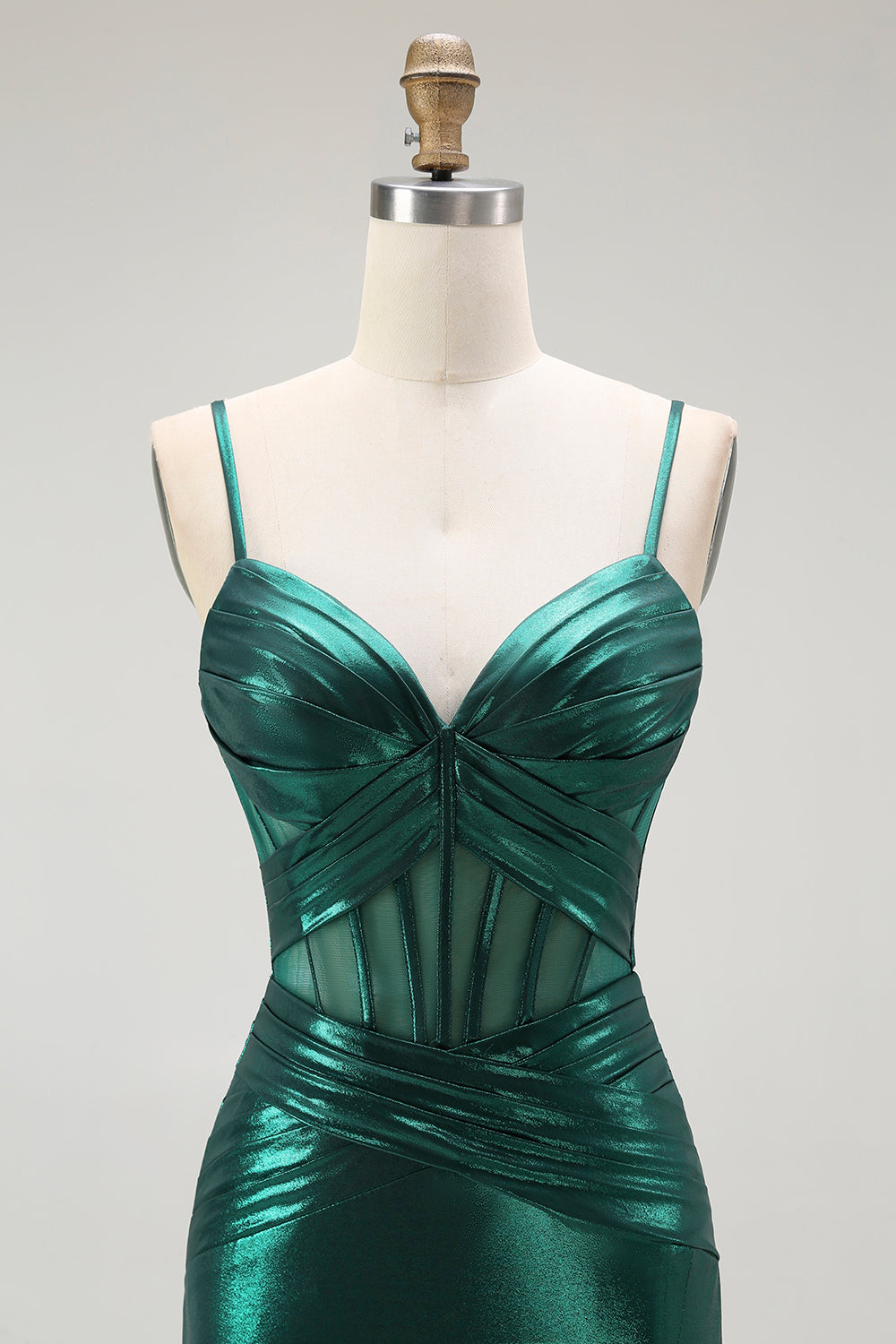 Vestido largo de fiesta con corsé plisado metálico de sirena verde oscuro con abertura