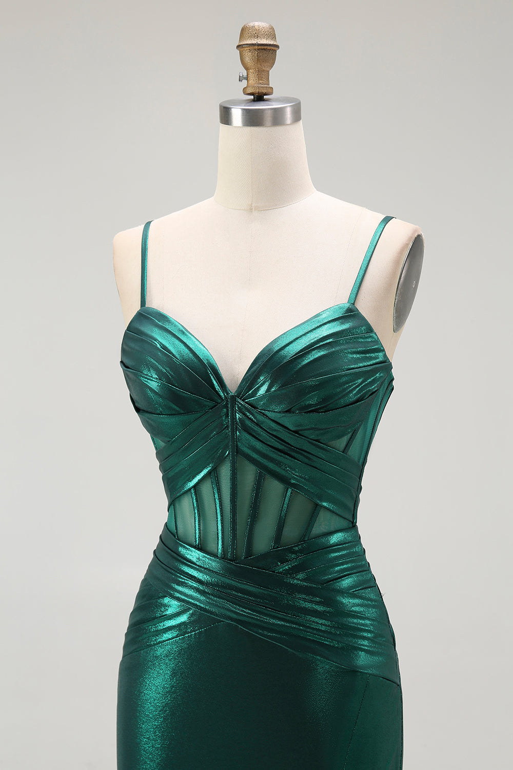 Vestido largo de fiesta con corsé plisado metálico de sirena verde oscuro con abertura
