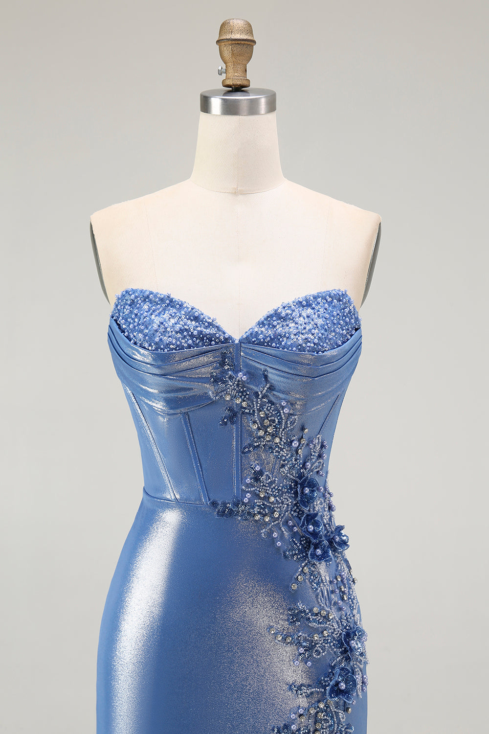Corsé de sirena con lentejuelas y cuentas azules vestido de fiesta con abertura