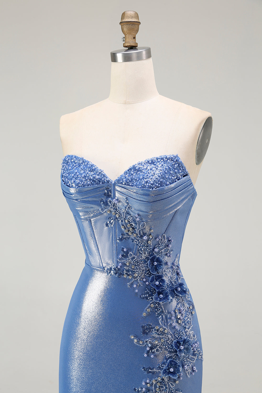 Corsé de sirena con lentejuelas y cuentas azules vestido de fiesta con abertura