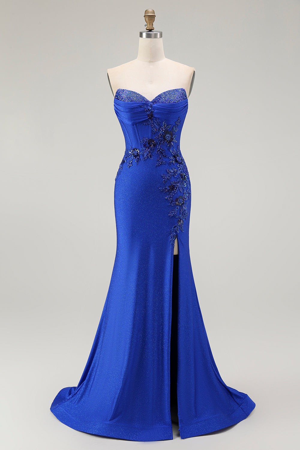 Vestido largo de fiesta con cuentas y cordones en la espalda sin tirantes de sirena azul real con abertura
