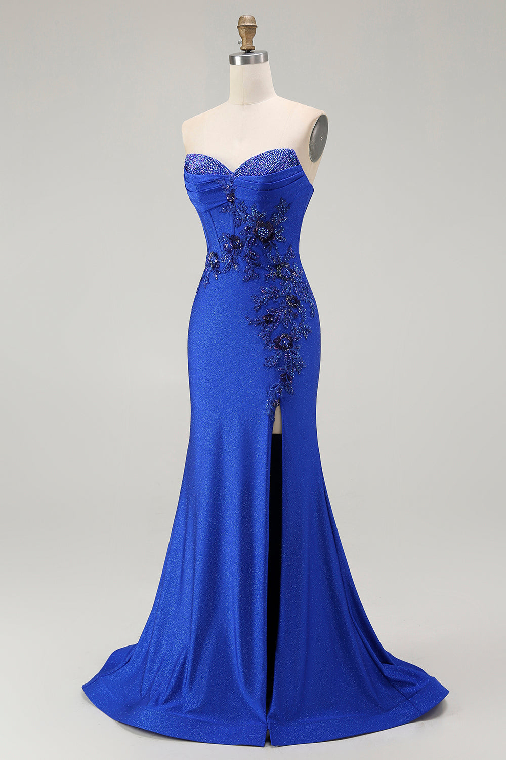 Vestido largo de fiesta con cuentas y cordones en la espalda sin tirantes de sirena azul real con abertura